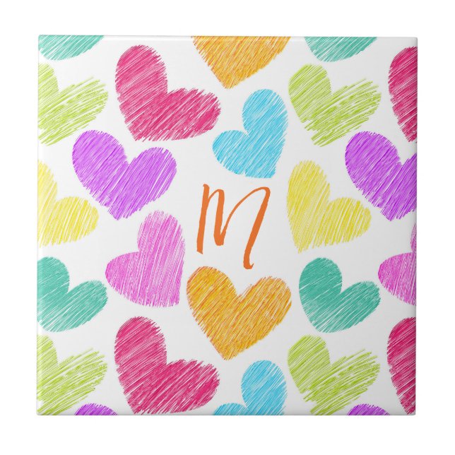 Cute Colourful Heart Pastel Valentine Love Monogra Ceramic Tile (Front)