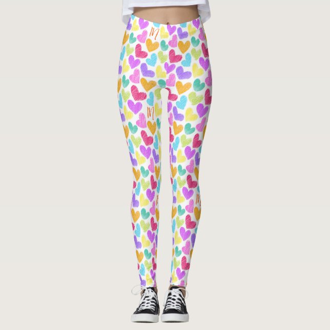 Cute Colourful Heart Pastel Valentine Love Monogra Leggings (Front)