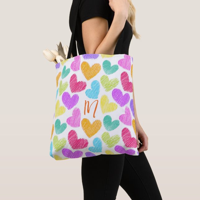 Cute Colourful Heart Pastel Valentine Love Monogra Tote Bag (Close Up)
