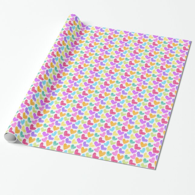 Cute Colourful Heart Pastel Valentine Love Pattern Wrapping Paper (Unrolled)