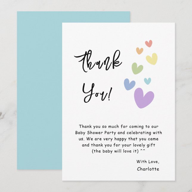 Cute & Colourful Hearts Baby Shower Thank You Card (Front/Back)