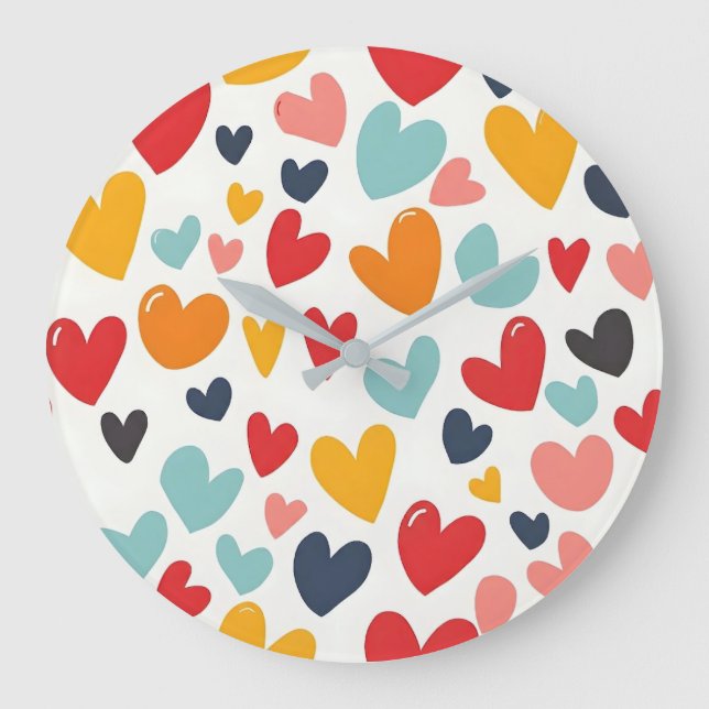 Cute Colourful Hearts Doodle Romantic Large Clock (Front)