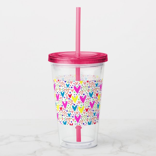 Cute colourful hearts pattern acrylic tumbler (Front)