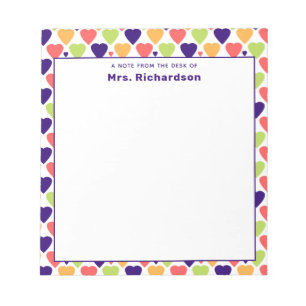 Cute Colourful Hearts Personalised Name School Notepad