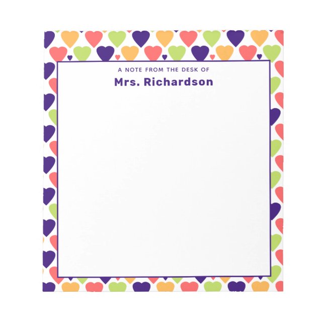 Cute Colourful Hearts Personalised Name School Notepad (Front)