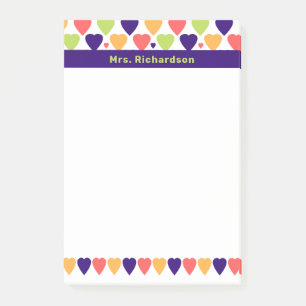 Cute Colourful Hearts Personalised Name School Post-it Notes