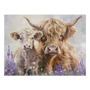 Cute colourful highland cow and calf in a meadow poster