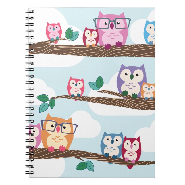 Cute Colourful Hipster Owls on Branches Notebook (Front)