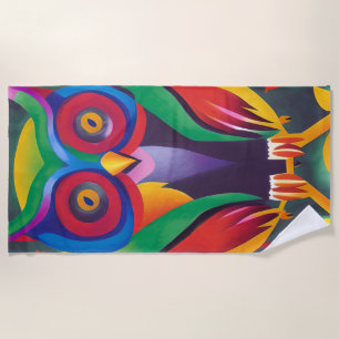 Cute Colourful Holographic Owl  Beach Towel
