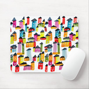 Cute colourful houses watercolor art mouse pad