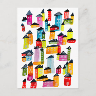 Cute colourful houses watercolor art postcard