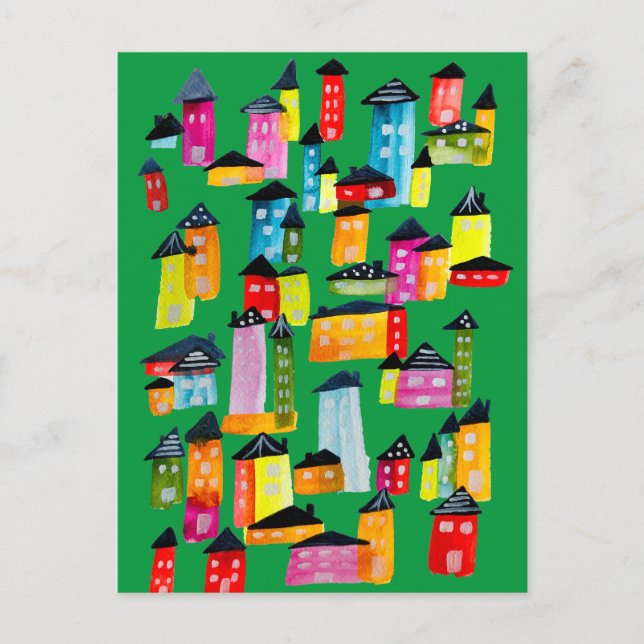 Cute colourful houses watercolor art postcard (Front)