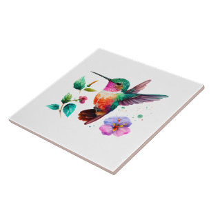 Cute Colourful Hummingbird and flowers Ceramic Tile