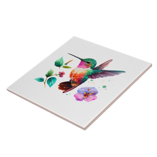 Cute Colourful Hummingbird and flowers Ceramic Tile (Side)