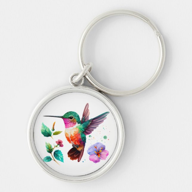 Cute Colourful Hummingbird and flowers Key Ring (Front)