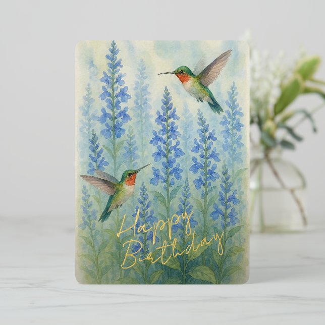 Cute Colourful Hummingbirds Gold Foil Birthday Car Foil Holiday Card (Standing Front)