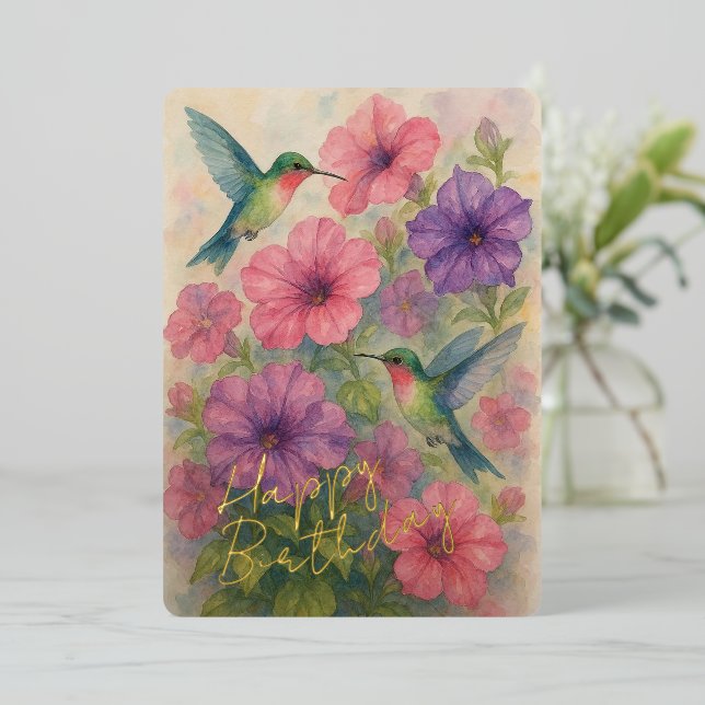 Cute Colourful Hummingbirds Gold Foil Birthday Car Foil Holiday Card (Standing Front)