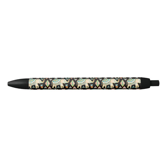 Cute colourful indian elephants pattern black ink pen (Front)