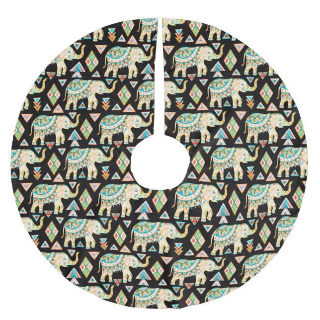 Cute colourful indian elephants pattern brushed polyester tree skirt (Front)