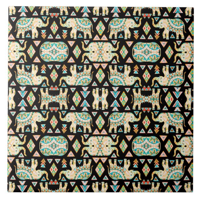 Cute colourful indian elephants pattern ceramic tile (Front)