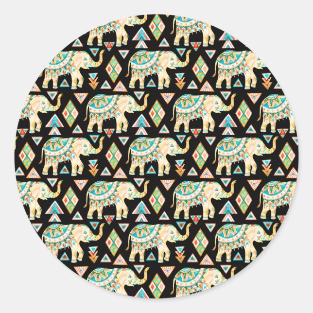 Cute colourful indian elephants pattern classic round sticker (Front)
