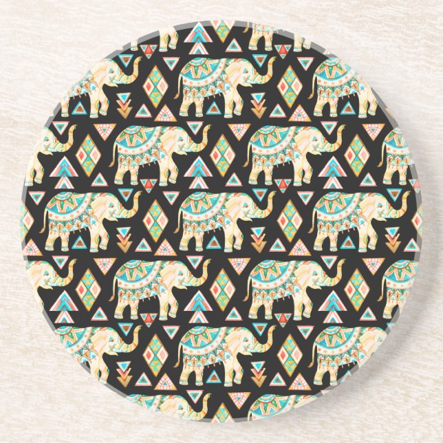 Cute colourful indian elephants pattern coaster (Front)