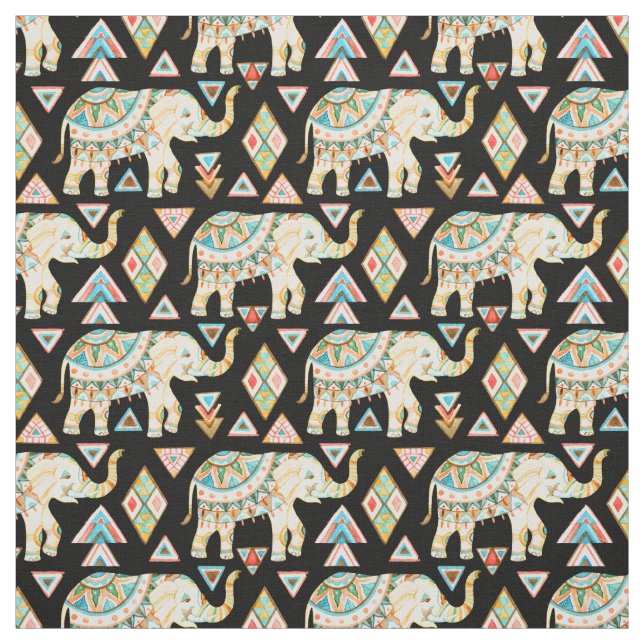 Cute colourful indian elephants pattern fabric (Swatch)