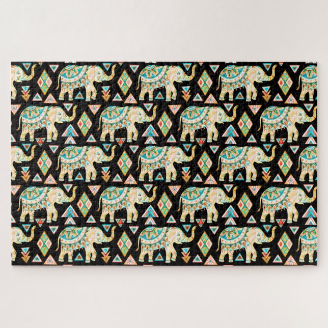 Cute colourful indian elephants pattern jigsaw puzzle (Horizontal)