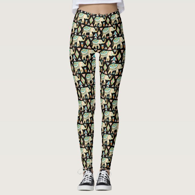 Cute colourful indian elephants pattern leggings (Front)