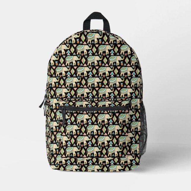 Cute colourful indian elephants pattern printed backpack (Front)
