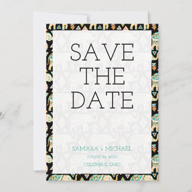 Cute colourful indian elephants save the date (Front)