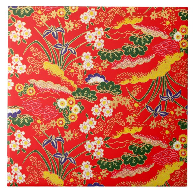 Cute colourful japanese floral patterns ceramic tile (Front)