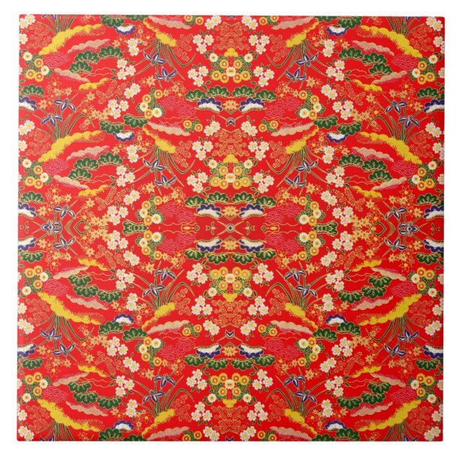 Cute colourful japanese floral patterns ceramic tile (Front)