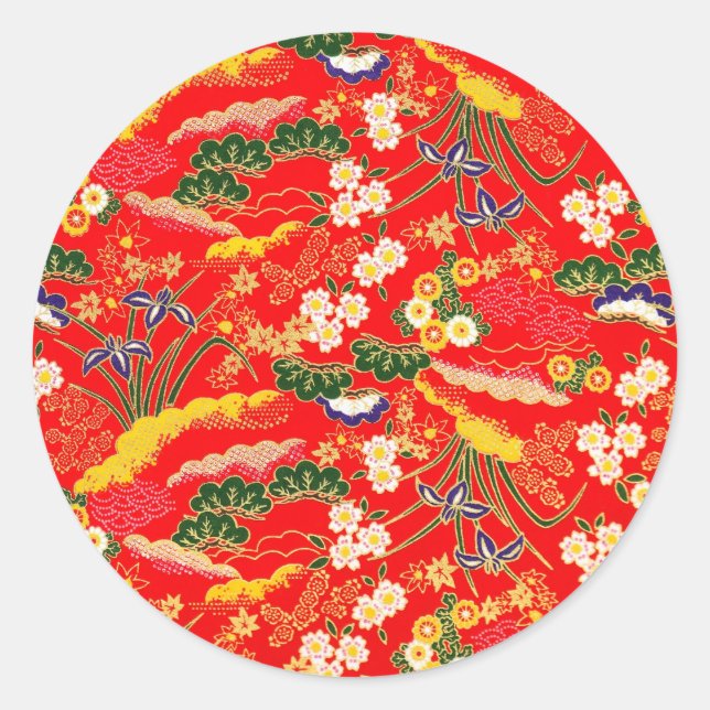 Cute colourful japanese floral patterns classic round sticker (Front)
