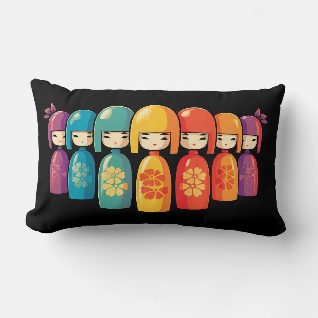 Cute Colourful Japanese Kokeshi Dolls Lumbar Cushion (Front)