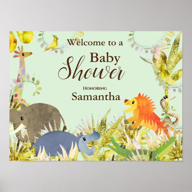 Cute Colourful Jungle Animals Tropical Baby Shower Poster (Front)