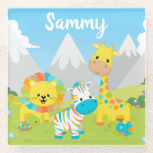 Cute Colourful Jungle Friends Kids Glass Coaster