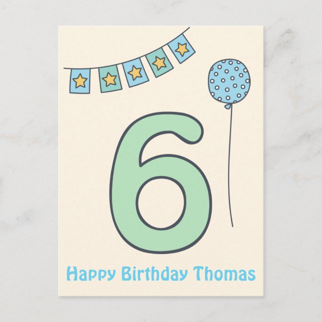 Cute Colourful Kids' 6th Birthday Postcard (Front)