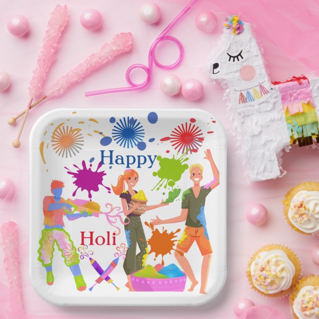 Cute Colourful kids playing Holi Party Paper Plate (Party)