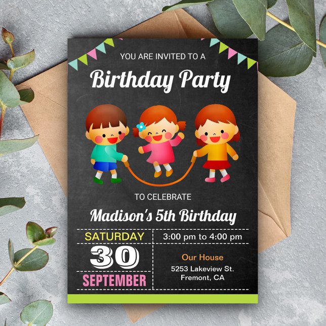 Cute Colourful Kids Skipping Rope Birthday Party Invitation (Creator Uploaded)