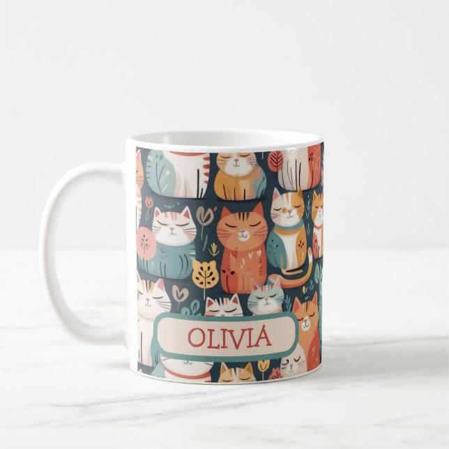 Cute Colourful Kittens Pattern Personalised  Coffee Mug (Left)