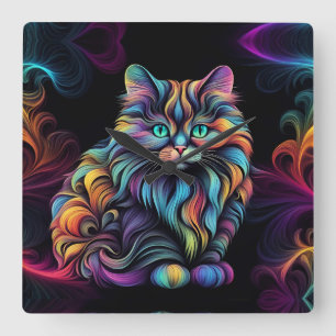 Cute Colourful Kitty Cat Art Square Wall Clock