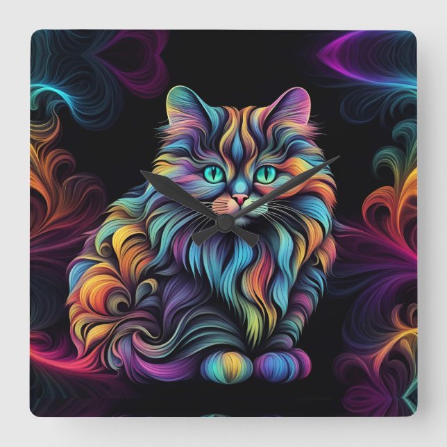 Cute Colourful Kitty Cat Art  Square Wall Clock (Front)