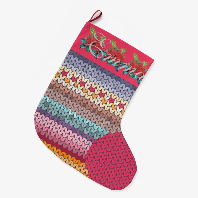 Cute Colourful Knitted Personalised Large Christmas Stocking (Front (Hanging))