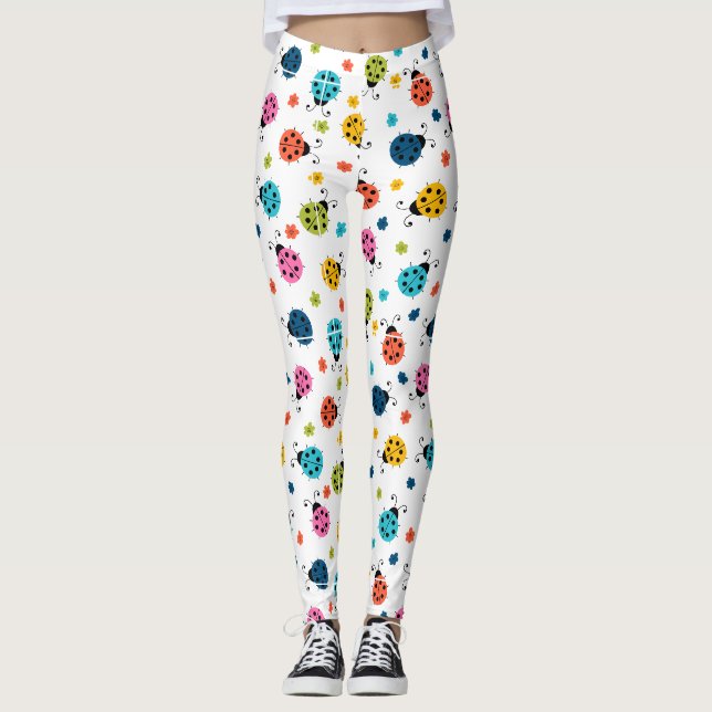 Cute Colourful Ladybugs White Pattern Leggings (Front)