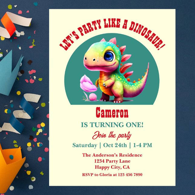 Cute colourful like a Dinosaur 1st Birthday Party Invitation (Creator Uploaded)
