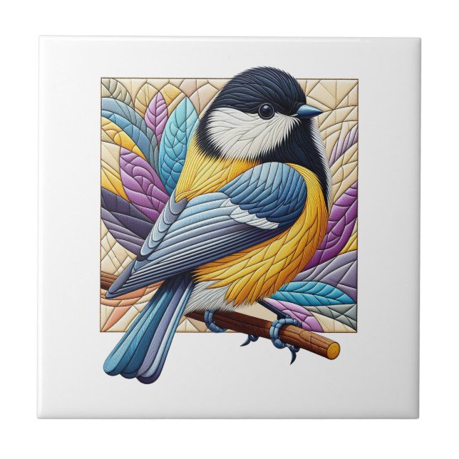 Cute & Colourful Little Bird on Branch Quiltyle Ceramic Tile (Front)