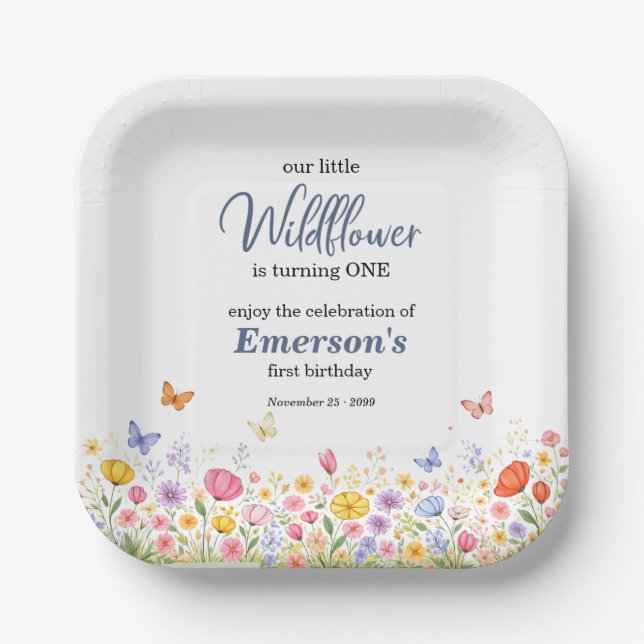 Cute Colourful Little Wildflower 1st Birthday Part Paper Plate (Front)