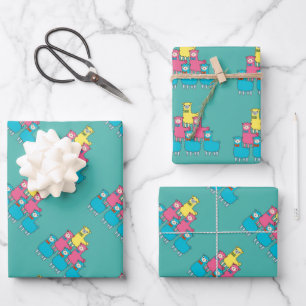 Cute colourful llama alpaca animals teal wrapping paper sheet