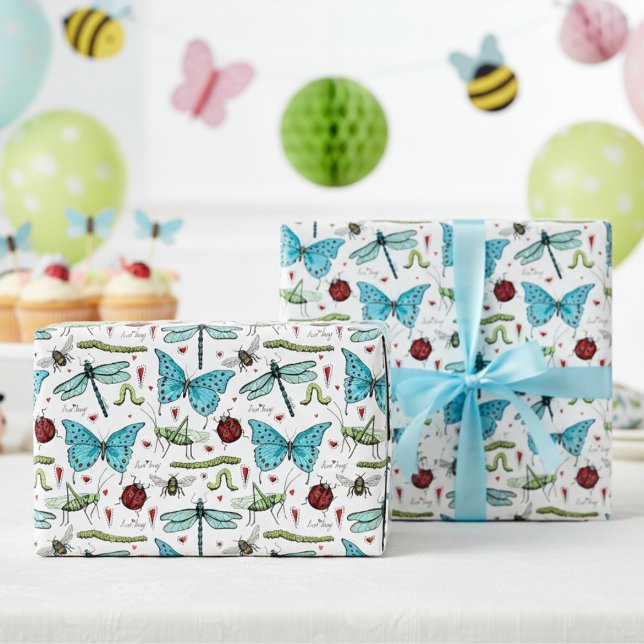 Cute Colourful Love Bug Insects for Bug Lovers  Wrapping Paper (Colorful Cute Bugs Insects Wrapping Paper for Kids. Butterflies, Dragonflies, Ladybugs, Bees, Worms)